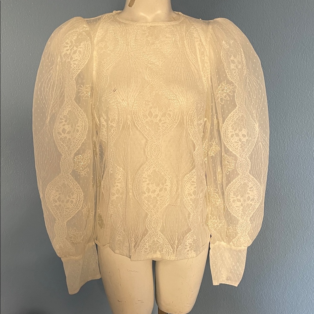 Anthropologie Ivory Lace Balloon Sleeve Blouse